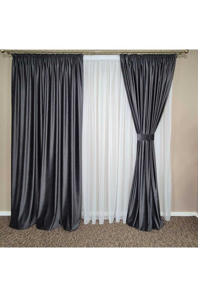 Mastel Set 2 draperii catifea lux gri închis, cu rejansă și cordoane