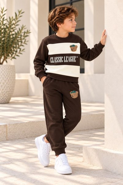 Patriko BOYS' BRUSHED INSIDE BEAR-EMBROIDERED SWEATSHIRT AND PANTS SET