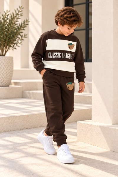 Patriko BOYS' BRUSHED INSIDE BEAR-EMBROIDERED SWEATSHIRT AND PANTS SET