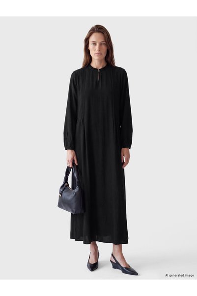 LC Waikiki Vision New Season Black Stand-Up Collar Ruffled Flared Dress