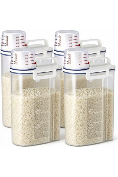 Generic مجموعة من 4 عبوات أرز سعة 2 كجم مع كوب قياس وفوهة صب، عبوات بلاستيكية...