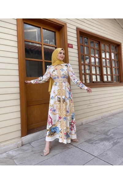 WellWay Atlas Fabric Modest Dress with Button Detail and Piped Front—Belt Inc...