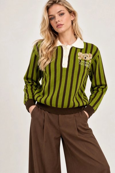 Lusin Pulover din tricot pentru femei, verde, cu guler polo, cu broderie impr...
