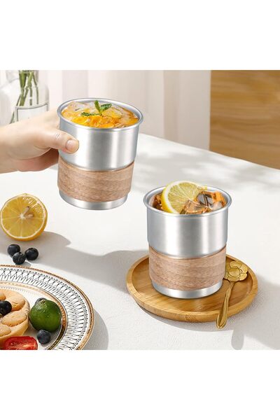 Generic 2-Pack Stainless Steel Camping Cups with Wooden Sleeve, 300ml Stackab...