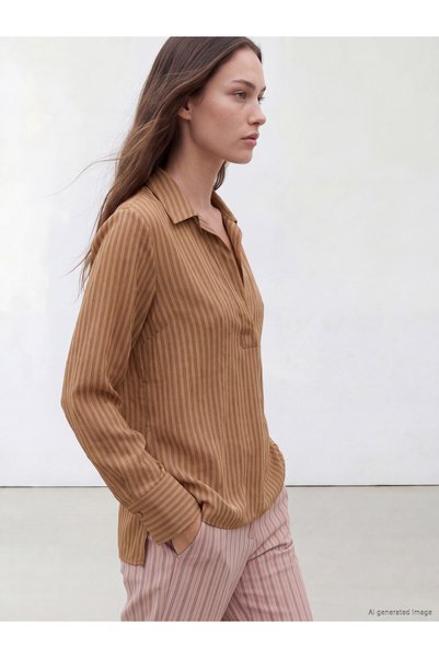 LC Waikiki Two Mt Shop Quality Lcw Modest Brown Striped Women's Shirt