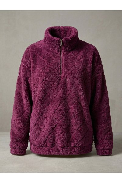 MEECY Οoversized φούτερ με μισό φερμουάρ και βελουτέ ύφασμα