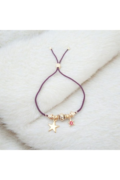 Nur store Çanta Star and Turtle Detailed Charm, Plum-Colored, Adjustable Cord...