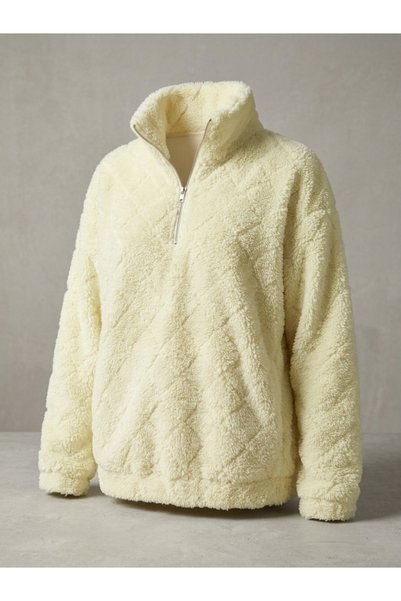 MEECY Οoversized φούτερ με μισό φερμουάρ και βελουτέ ύφασμα