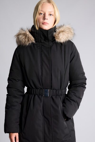 DeFacto Parka mit Kapuze aus Kunstfell, Gürtel und Regular Fit, dick, schwarz...