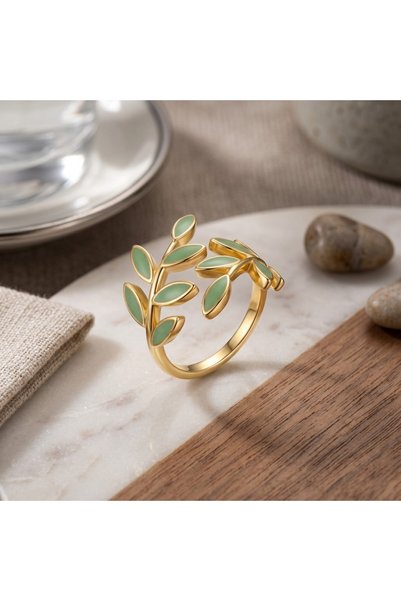 Nur store Çanta New Season Adjustable Gold-Plated Green Leaf Ring BEZOSS