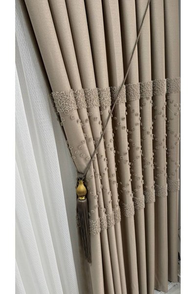 Fon Dünyası Draperie texturată din pânză de in cu pompoane, de culoare gri-ma...