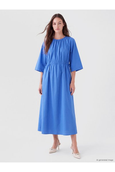 LC Waikiki LCW Modest Blue Solid Loose & Flowy Oval-Neck Midi Dress, Featurin...