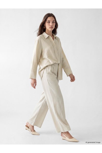 LC Waikiki LCW Modest Beige Solid Standard & Regular Wide-Leg Women's Pants, ...