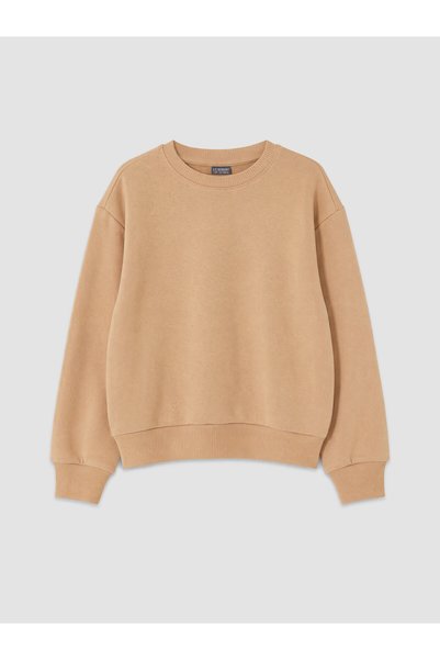 LC Waikiki Brown Oval-Neck Girls' Sweatshirt, Featuring the ALITA CITY Touch