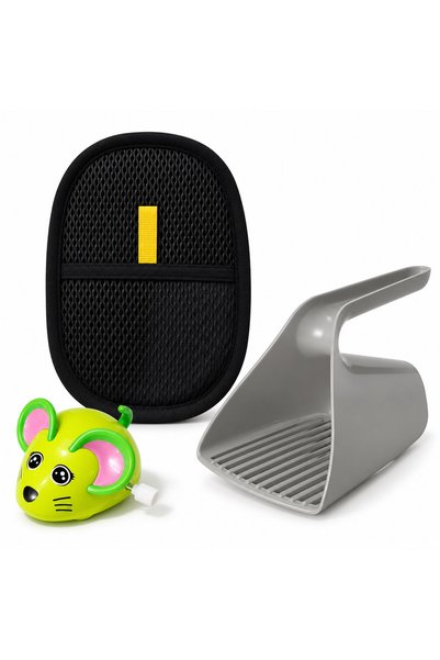 Busstier Mouse Trail – Wind-Up Mouse Cat Toy and Hair Remover, Litter Scoop Set