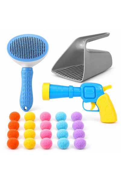 Busstier Ponpon Diary – Ponpon-Shooting Cat Toy Gun, Comb, and Litter Scoop Set