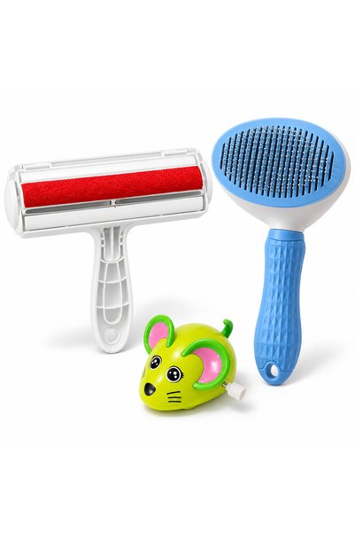 Busstier Mouse Break – Wind-Up Mouse Cat Toy and Fur Remover, Comb Set