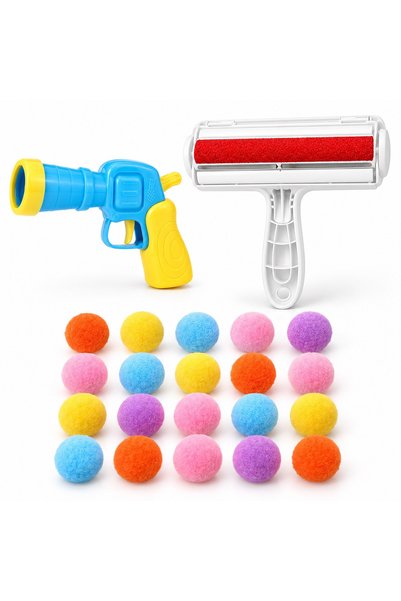 Busstier Pom-Pom Rhythm – Pom-Pom-Throwing Cat Toy Gun and Lint Remover Set