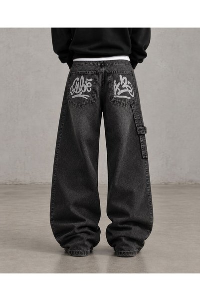 ARS Butik Y2K Black Distressed Jeans with Graffiti-Inspired Back Pocket Embro...