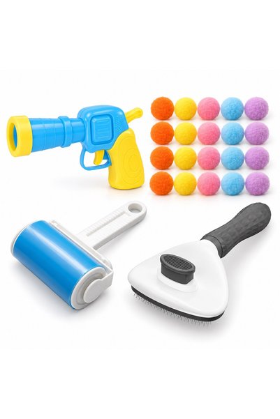 Busstier Pom-Pom Corner – Pom-Pom-Shooting Cat Toy Gun and Fur Remover, Comb Set