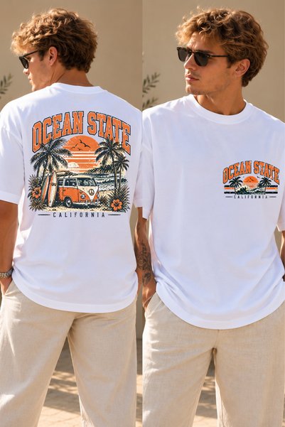 Summer Baskılı Erkek Beyaz Oversize T-shirt - Yazılı Bol Kesim Bisiklet Yaka Pamuklu Tişört