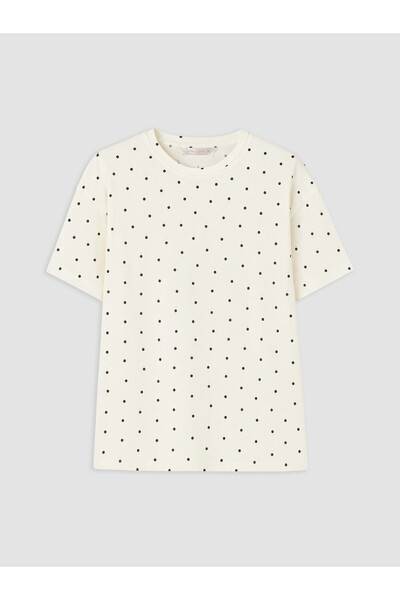 LC Waikiki LCW DREAM Ecru Jersey Polka Dot Short-Sleeve Women's Pajama Top, F...