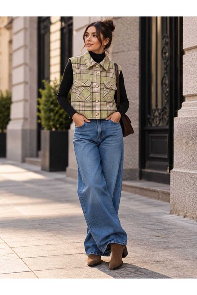 FASHION Vestă Scurtă de Damă din Material Plușat Ultra-Moale, cu Carouri și Î...