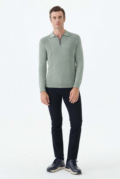 Jakamen Pulover verde din lână merino, cu guler polo și fermoar, model Comfor...