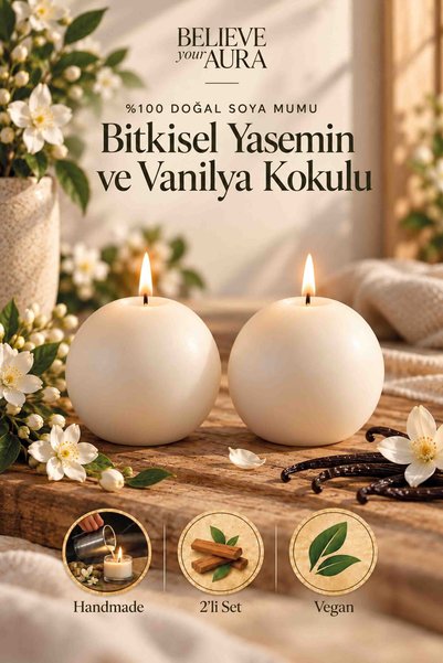Believe Your Aura Yasemin ve Vanilya Kokulu Mum - %100 Doğal Soya Mumu Aromat...