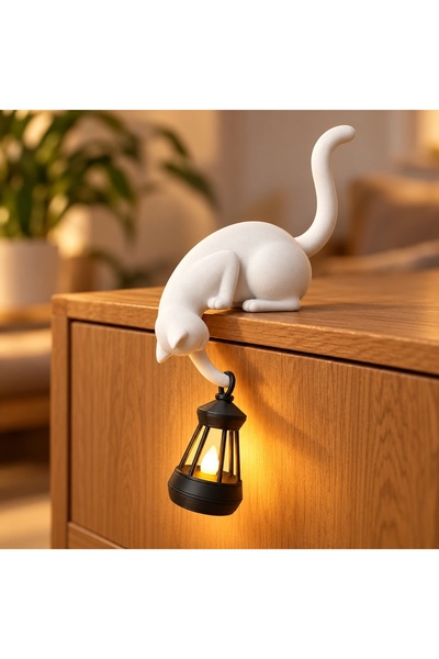 OEM Figurină Pisică Curioasă cu Felinar LED Agățat – Decor Imprimat 3D