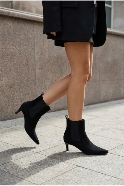vitaeny Lina Black Suede Pointed Toe Stiletto Heel Boots with Elastic Band