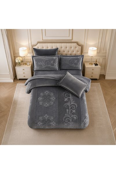 unique home collection طقم لحاف فخم من الفانيلا والمخمل المنقوش بنقشة خطوط مخ...