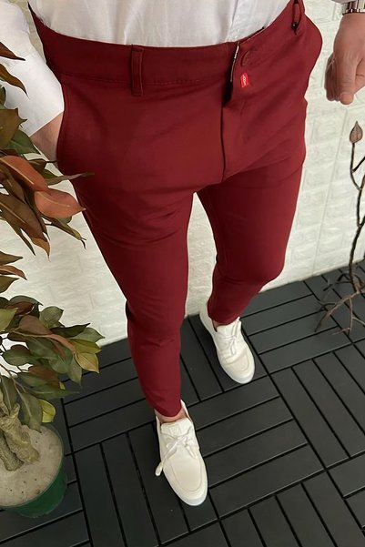 MODAMESTO Men's Burgundy Fabric Pants, Slim Fit, Stretch Fabric, Ankle-Length...