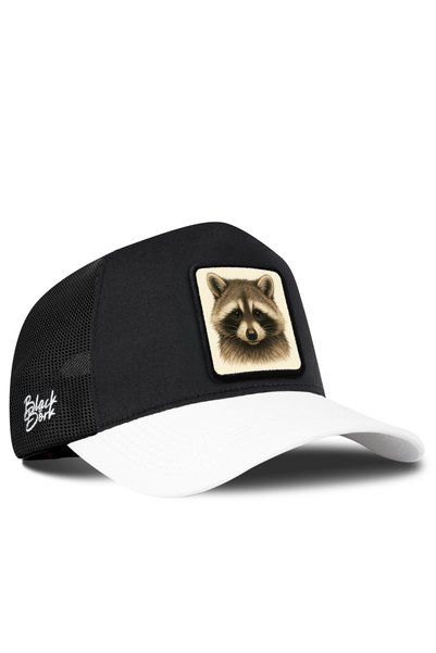 BlackBörk White and Black Trucker Cap with Raccoon Logo