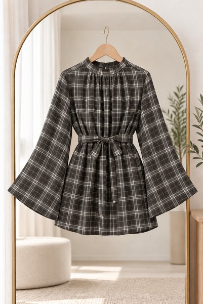 onlymoon Women's Modest Checkered Tunic Shirt | Mock Neck, Tie-Detail Design ...