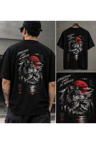 İnazuma Outdoors Μαύρο Unisex oversized T-shirt με τύπωμα λύκου, Streetwear μ...
