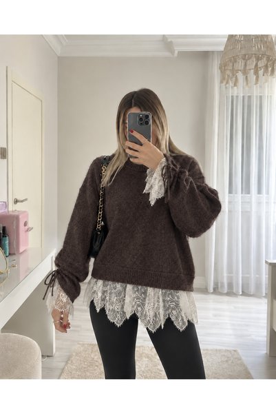 Ekim Store Soft Knit Sweater with Ruched Sleeves and Lace Trim