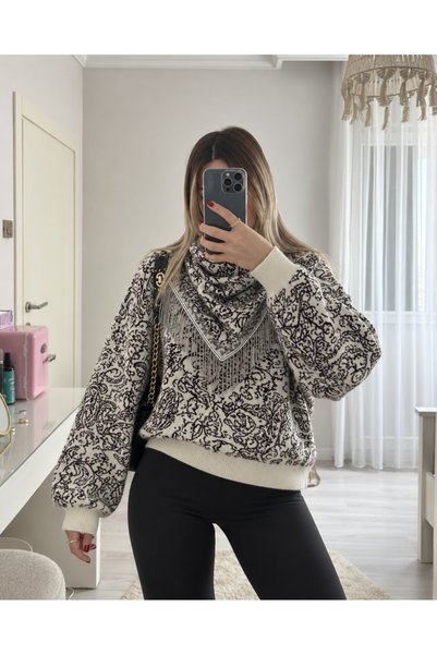 Ekim Store Jacquard-Strickpullover mit abnehmbarem Schal und Quastenverzierung