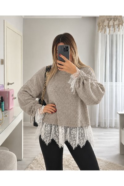 Ekim Store Soft Knit Sweater with Ruched Sleeves and Lace Trim
