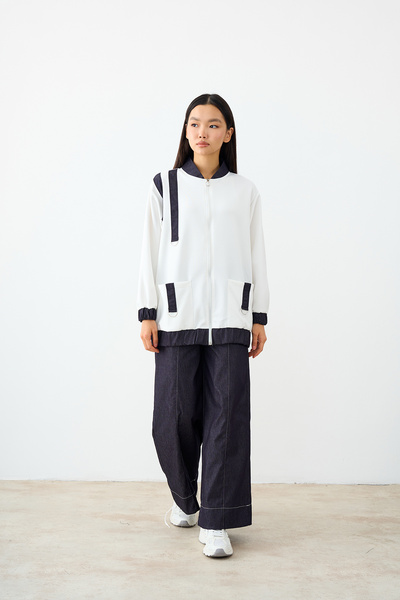 LOCCO Women's White Two-Pocket Suit with Denim Striped Detail and Collar Detail
