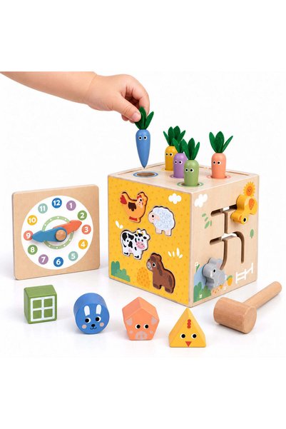 Tooky Toy Cub de activități Montessori din lemn cu morcovi, 18+ luni, cu roți...
