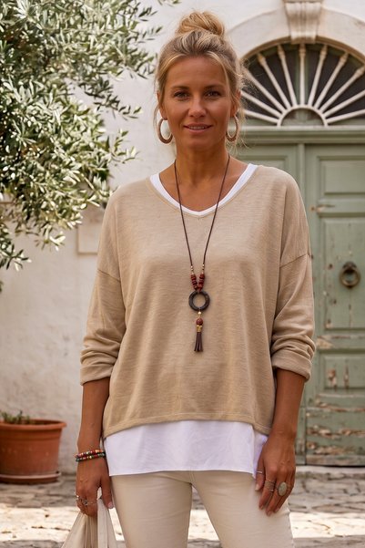 Chiccy Italian-Style Collar 3-Piece Set: Beige V-Neck Long-Sleeve and Sleevel...