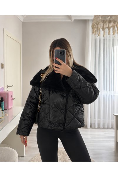 Ekim Store Geacă matlasată, cu guler din blană și nasturi, umflabilă