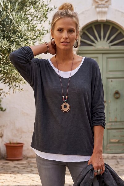 Chiccy Italian-Style Collar 3-Piece Set: Anthracite V-Neck Long-Sleeve, Sleev...