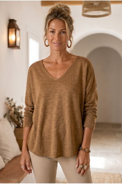 Chiccy Italian Mustard-Colored V-Neck Long-Sleeve Soft-Textured Angora Knit B...