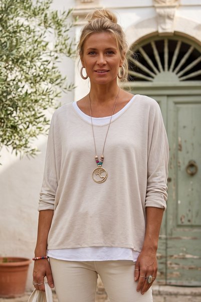 Chiccy Italian-Style Collar and Tank Top 3-Piece Set: Ecru V-Neck Long-Sleeve...