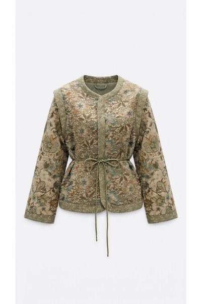 BRTC design Women's Khaki-Green Floral Print Patchwork Double-Breasted Belted...