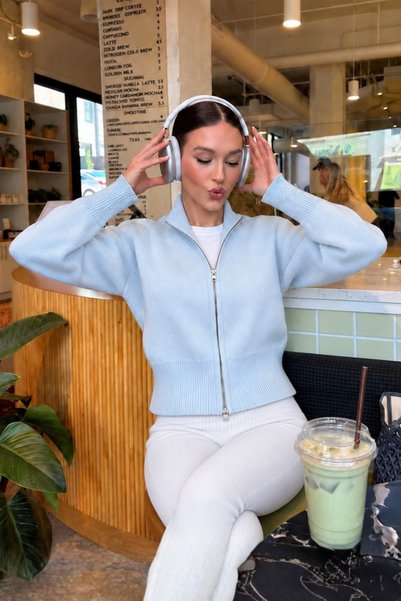 Seeh Baby Blue Women's Knit Mock Neck Cardigan with Double Zippers and a Stan...
