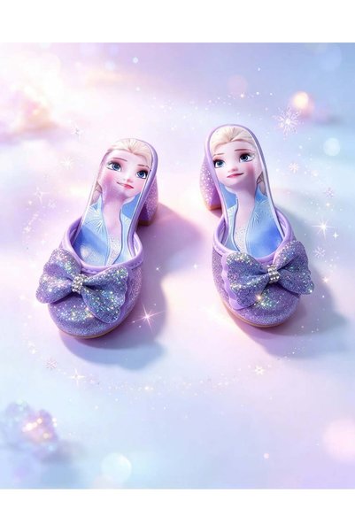 SGF KIDS лилави сандали с ток, с детски мотиви и блестящ пясък