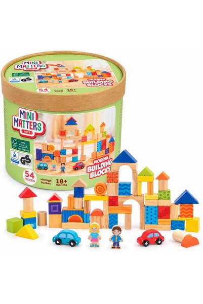 Mini Matters Set de cuburi de construcție din lemn, 54 de piese, mașinuțe și ...
